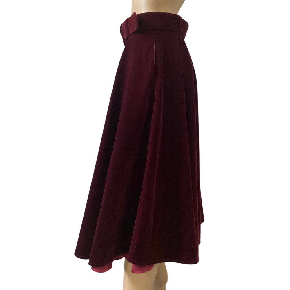 ModCloth collectif  velvet swing skirt/A-Line belted midi skirt size S burgundy - Picture 3 of 9